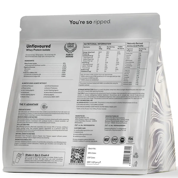 Whey Protein Isolate 31g | 1kg | 4B CFU Probiotics | Unflavoured