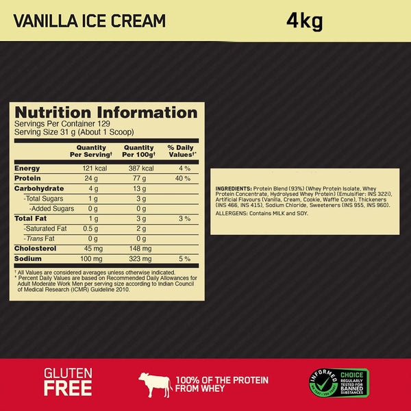 Gold Standard 100% Whey Protein Powder | Vanilla Ice Cream | 4 kg