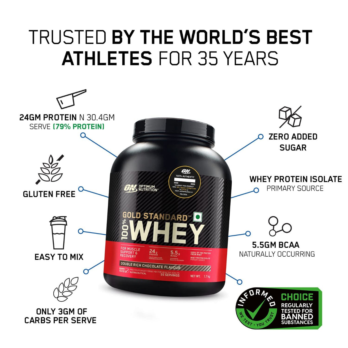 Gold Standard 100% Whey Protein Powder | Double Rich Chocolate | 1.7 kg