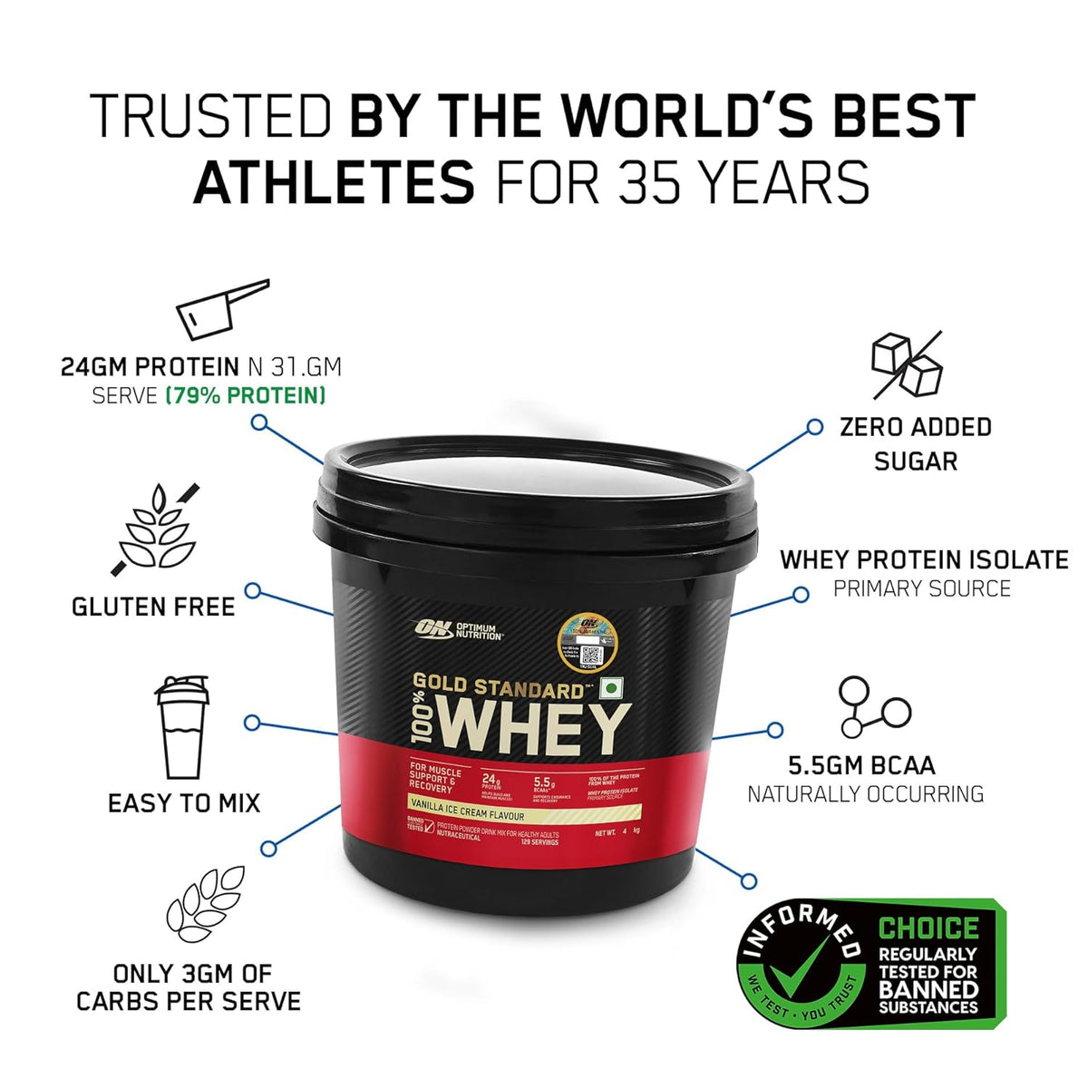 Gold Standard 100% Whey Protein Powder | Vanilla Ice Cream | 4 kg
