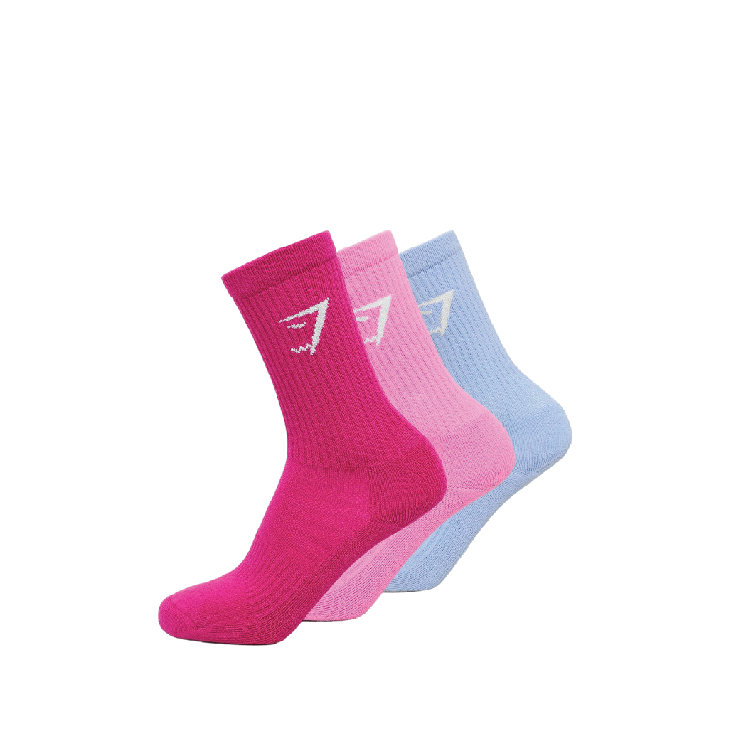 Gymshark Crew Socks 3pk - Chilled Blue/Focus Pink/Super-Set Pink