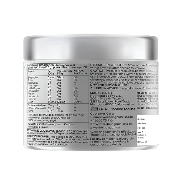 Creatine Monohydrate + HCL | 100g | 300mg Taurine | Unflavoured