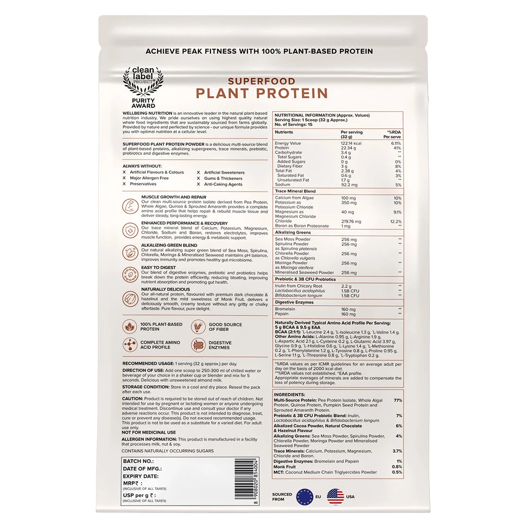Plant Protein 22g | 500g | 3B CFU Probiotics | Dark Chocolate Hazelnut