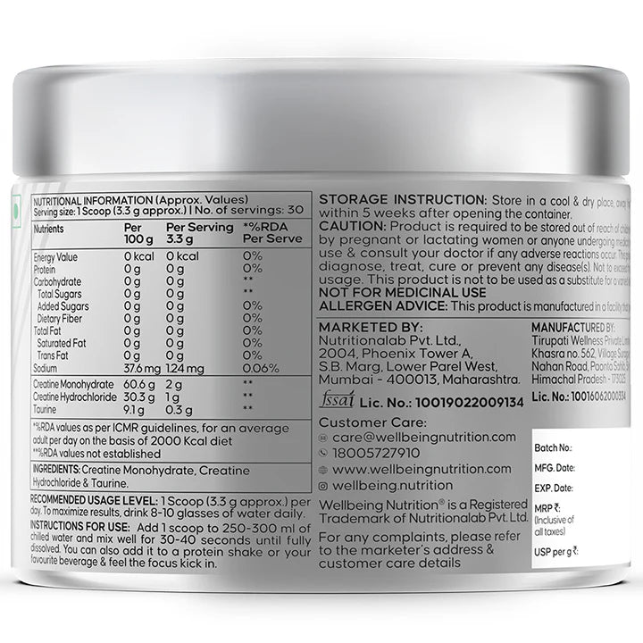 Creatine Monohydrate + HCL | 100g | 300mg Taurine | Unflavoured