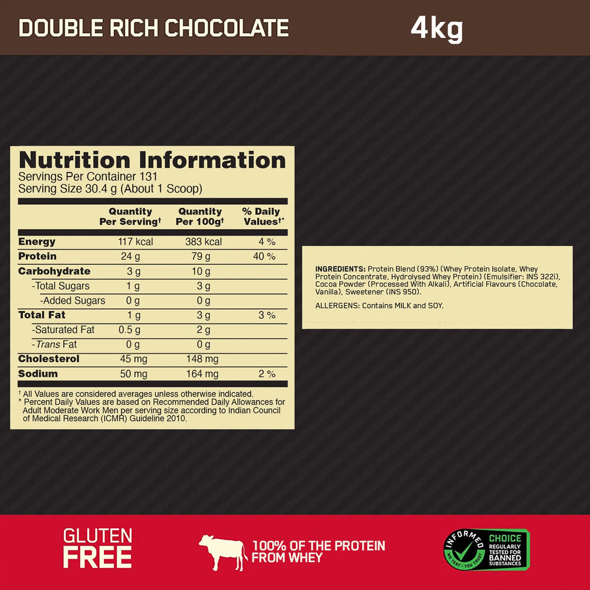 Gold Standard 100% Whey Protein Powder | Double Rich Chocolate | 4 kg
