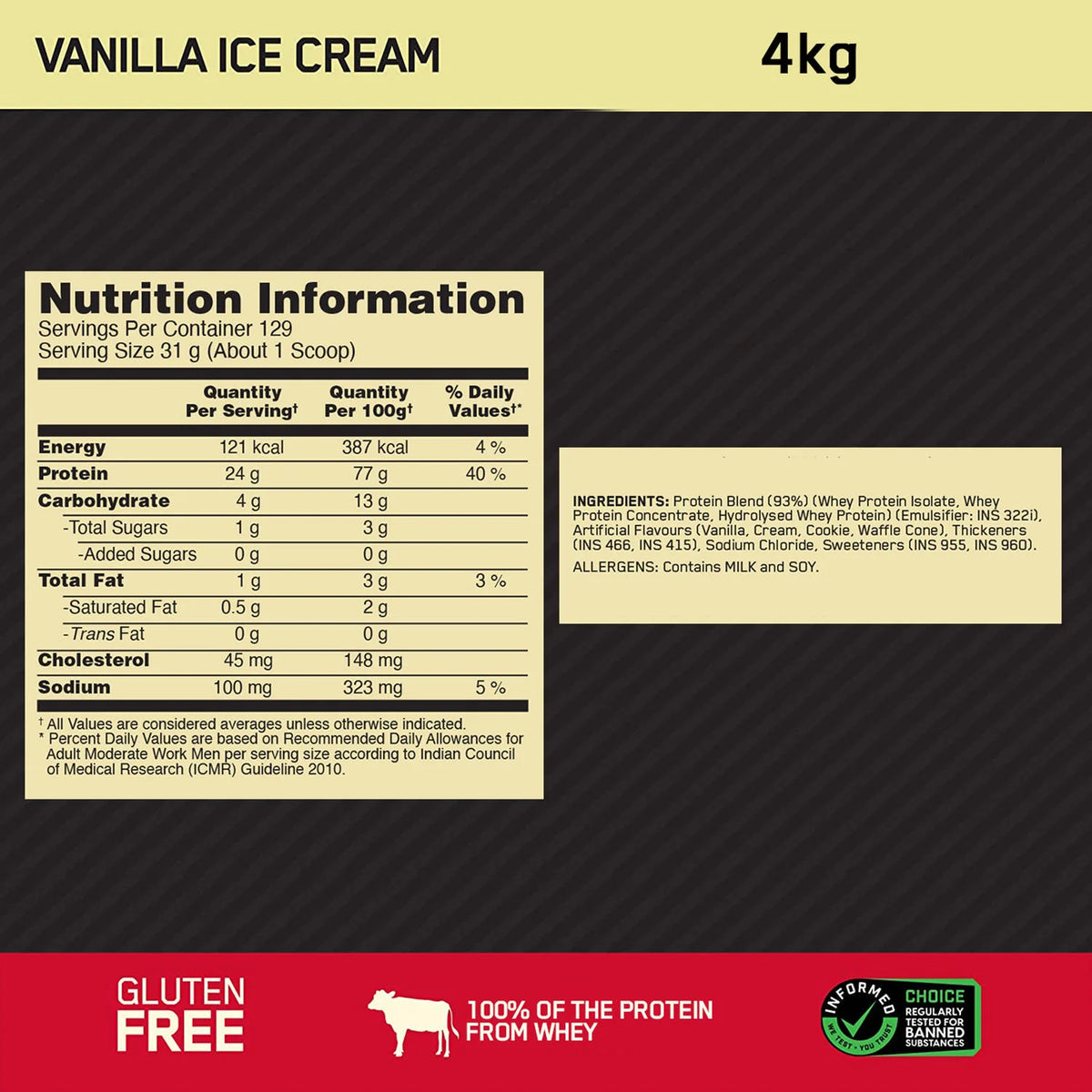 Gold Standard 100% Whey Protein Powder | Vanilla Ice Cream | 4 kg