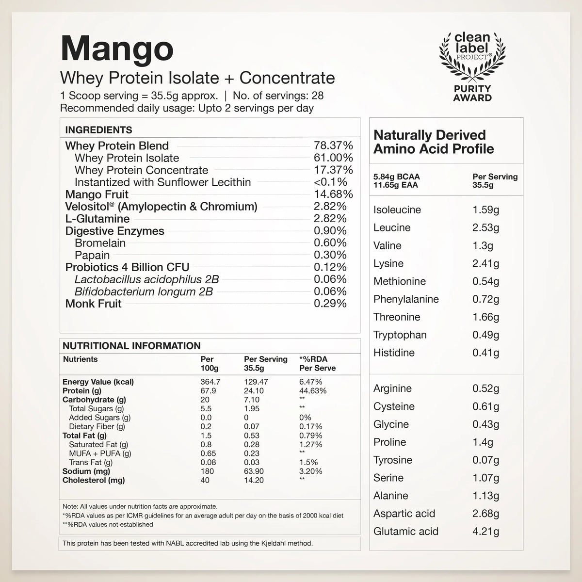 Whey Protein Isolate + Concentrate 24g | 1kg | 4B CFU Probiotics | Mango Flavoured
