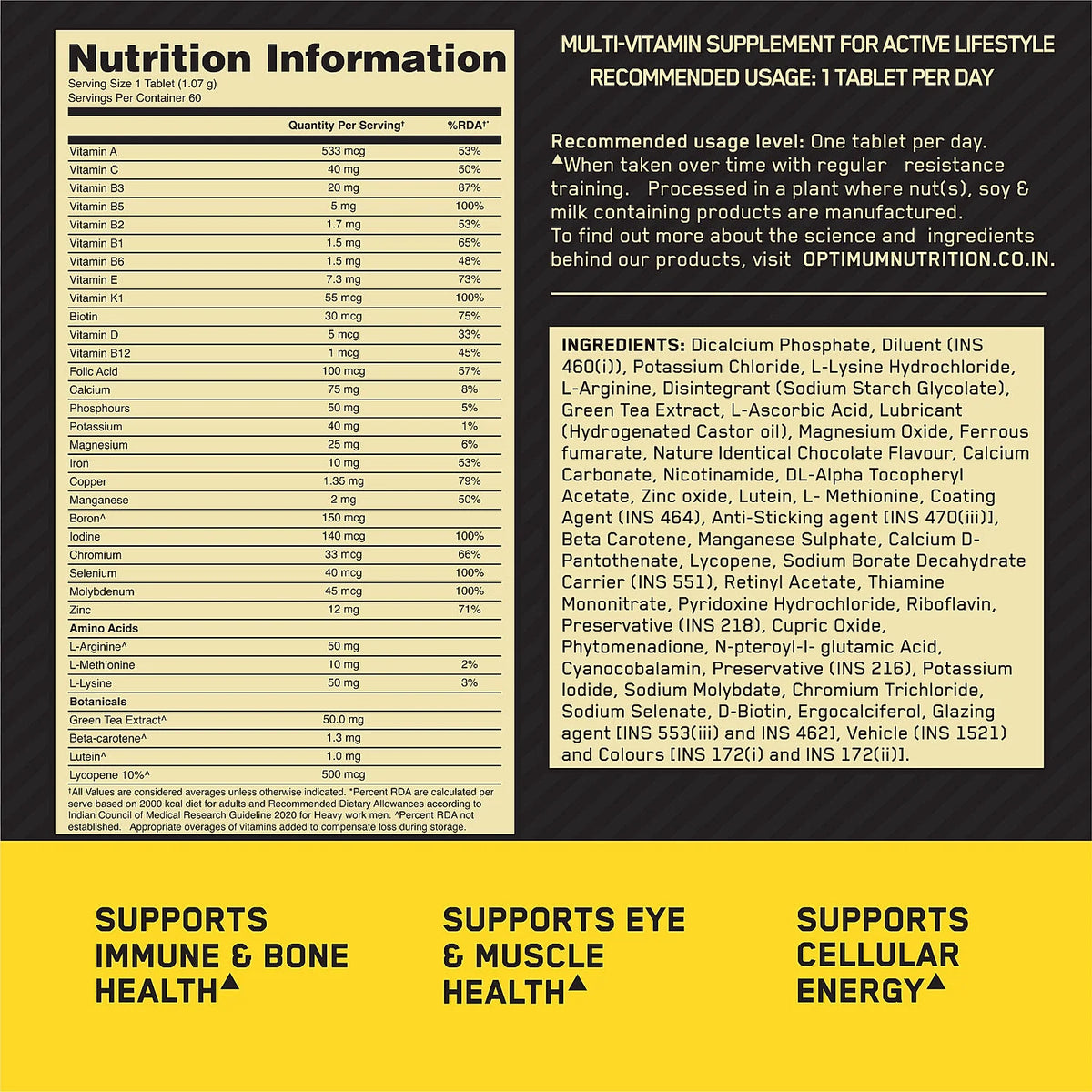 Multivitamin for MEN- 60 Tablets, 26 Vitamins & Minerals, Amino Acids & Anti-Oxidants